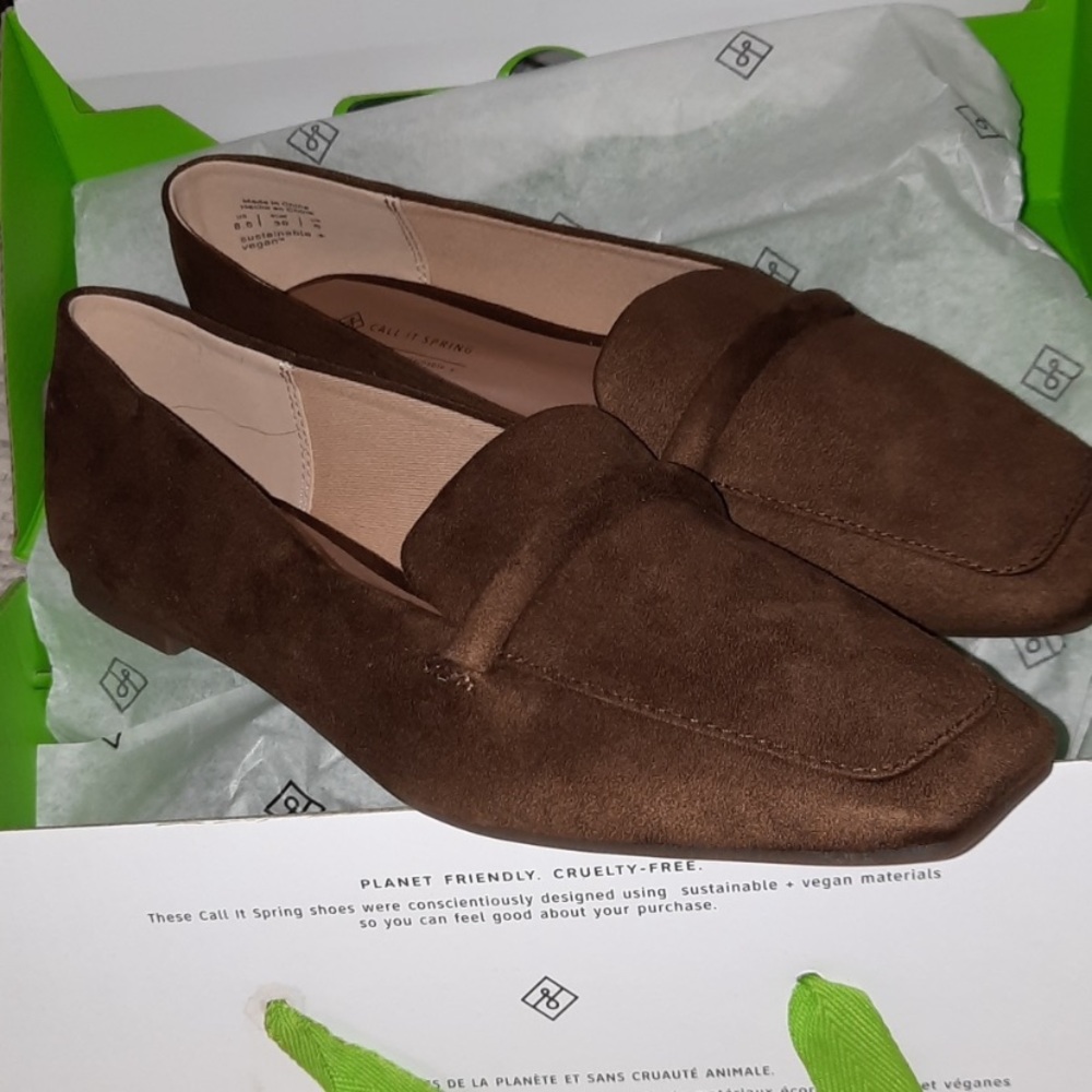 Call It Spring Brown Faux Suede Loafers Square Toe Size 8.5
